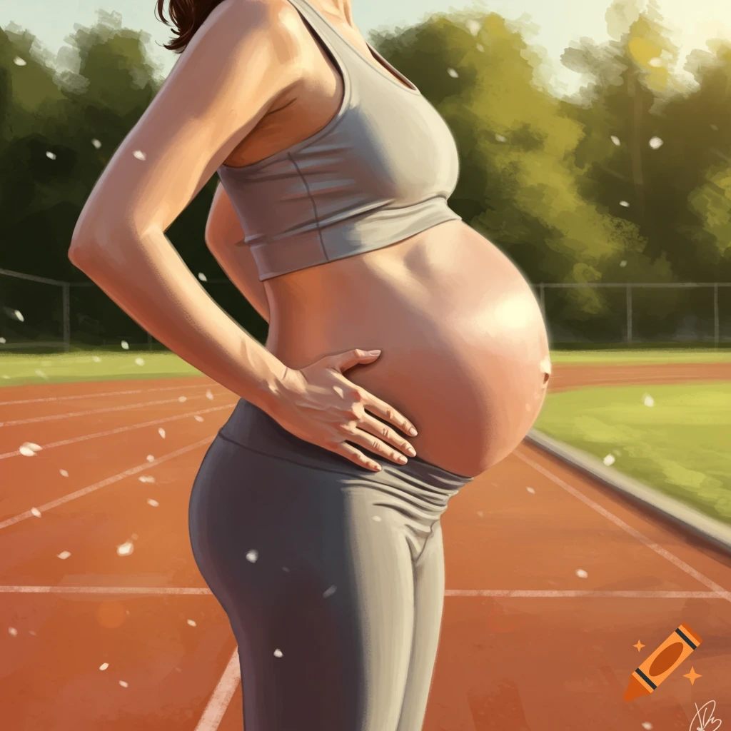 A digital painting of a pregnant woman in athletic wear holding her belly on a running track.