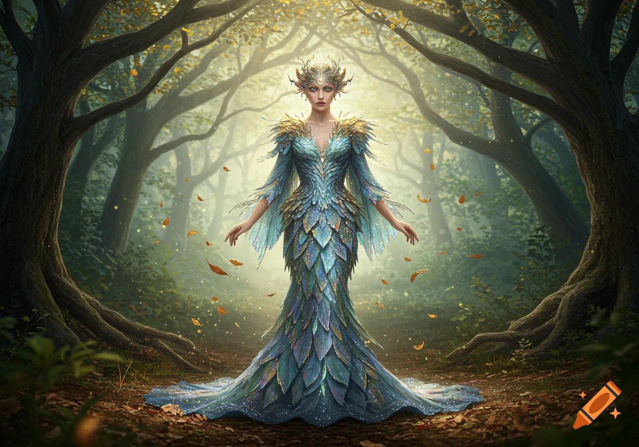 Ethereal fantasy woman in an ornate blue and green scale-leaf gown stands in a sunlit enchanted forest with falling golden leaves.
