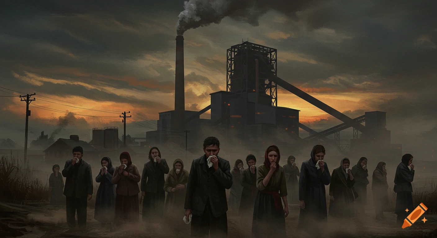 Digital painting of people coughing in a dusty, polluted industrial landscape with a factory emitting smoke under a gloomy sky.