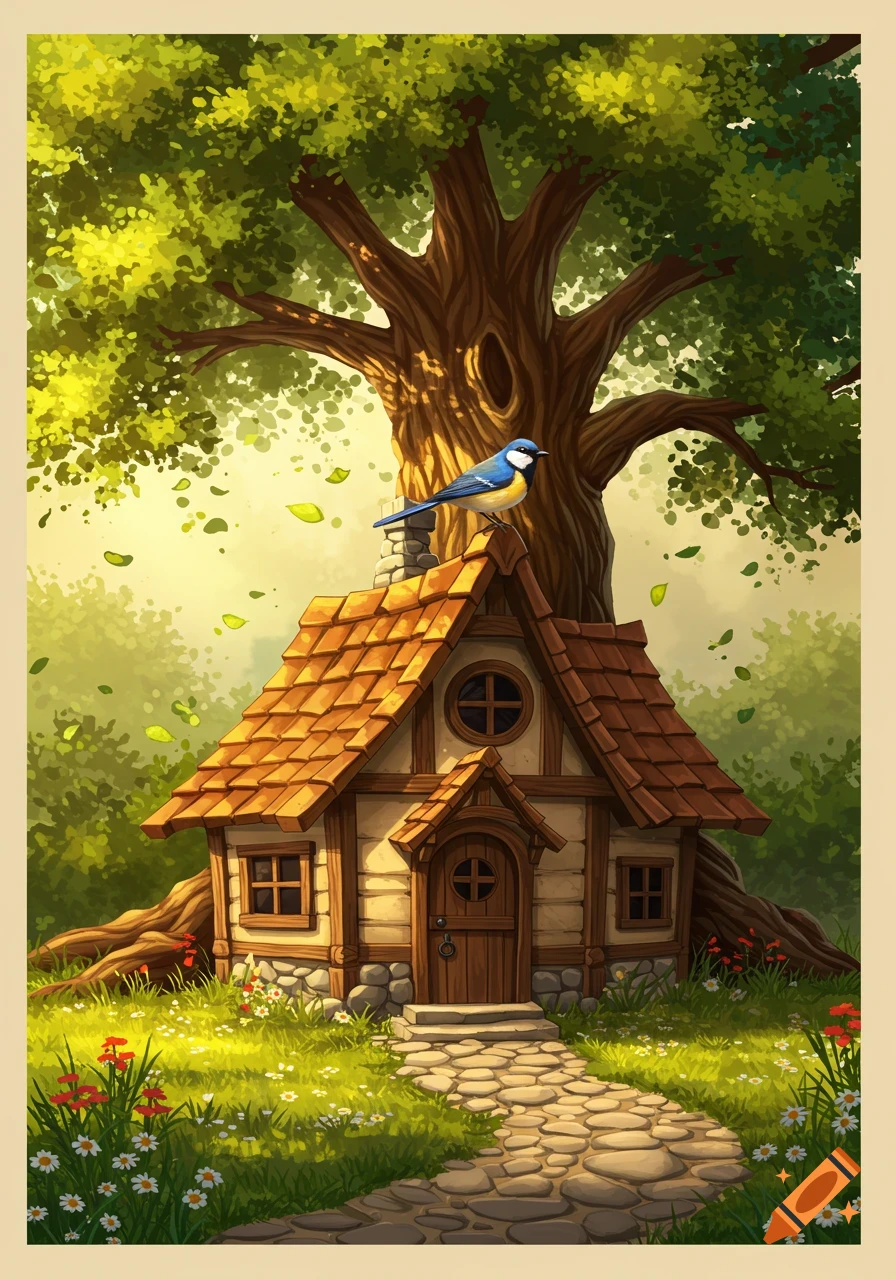 A blue and yellow bird on the roof of a quaint cottage under a large tree, with a stone path and wildflowers in a vibrant illustration.