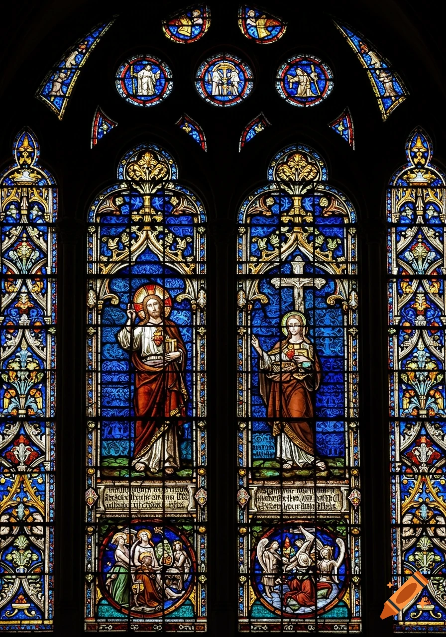 A vibrant stained glass window with two main panels depicting Jesus and Mary surrounded by intricate blue, gold, and red patterns.