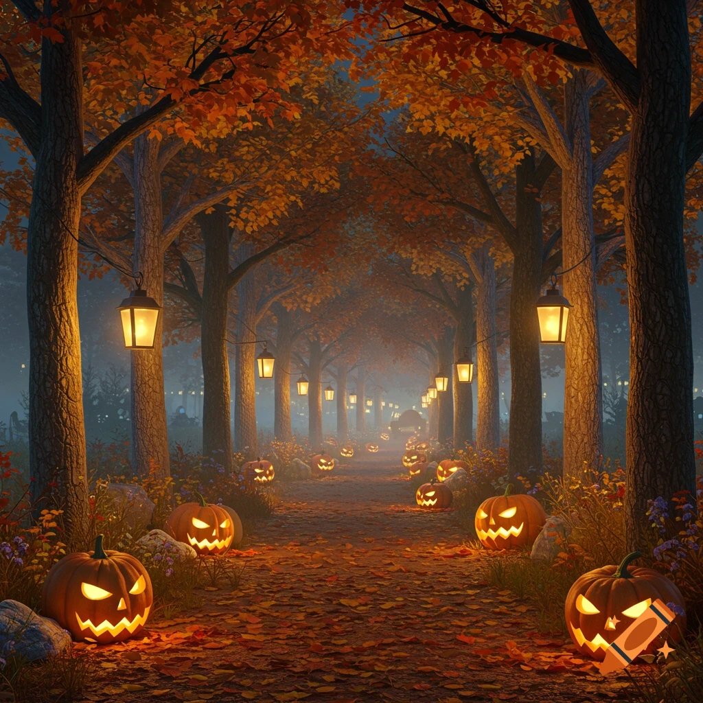 An enchanted autumn forest path at twilight, lined with glowing lanterns and carved jack-o'-lanterns, with mist swirling.