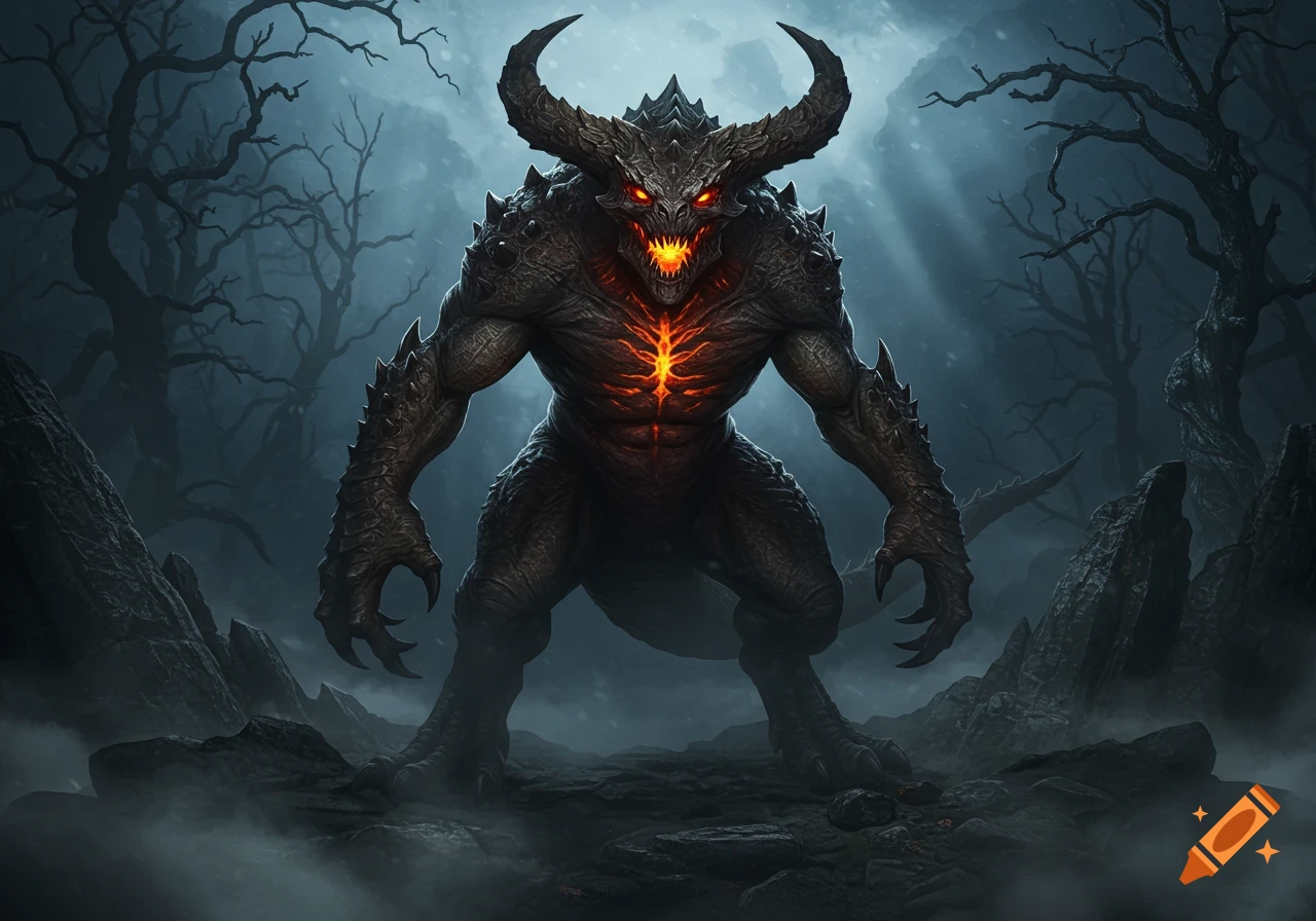 A dark, horned monster with glowing red eyes and an orange chest stands in a misty, gnarled forest.