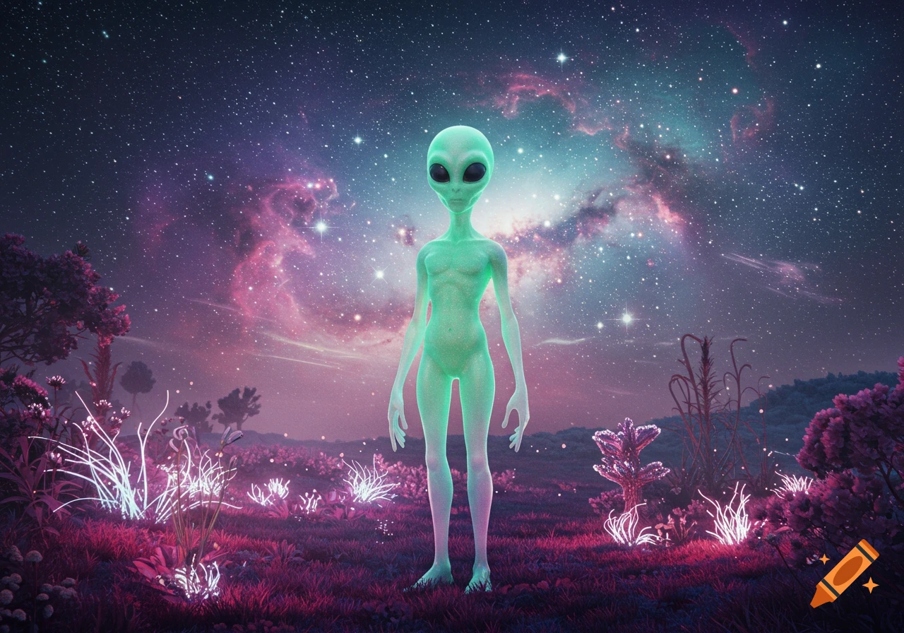 A green alien stands in a vibrant purple and blue field under a starry galaxy sky with glowing plants.
