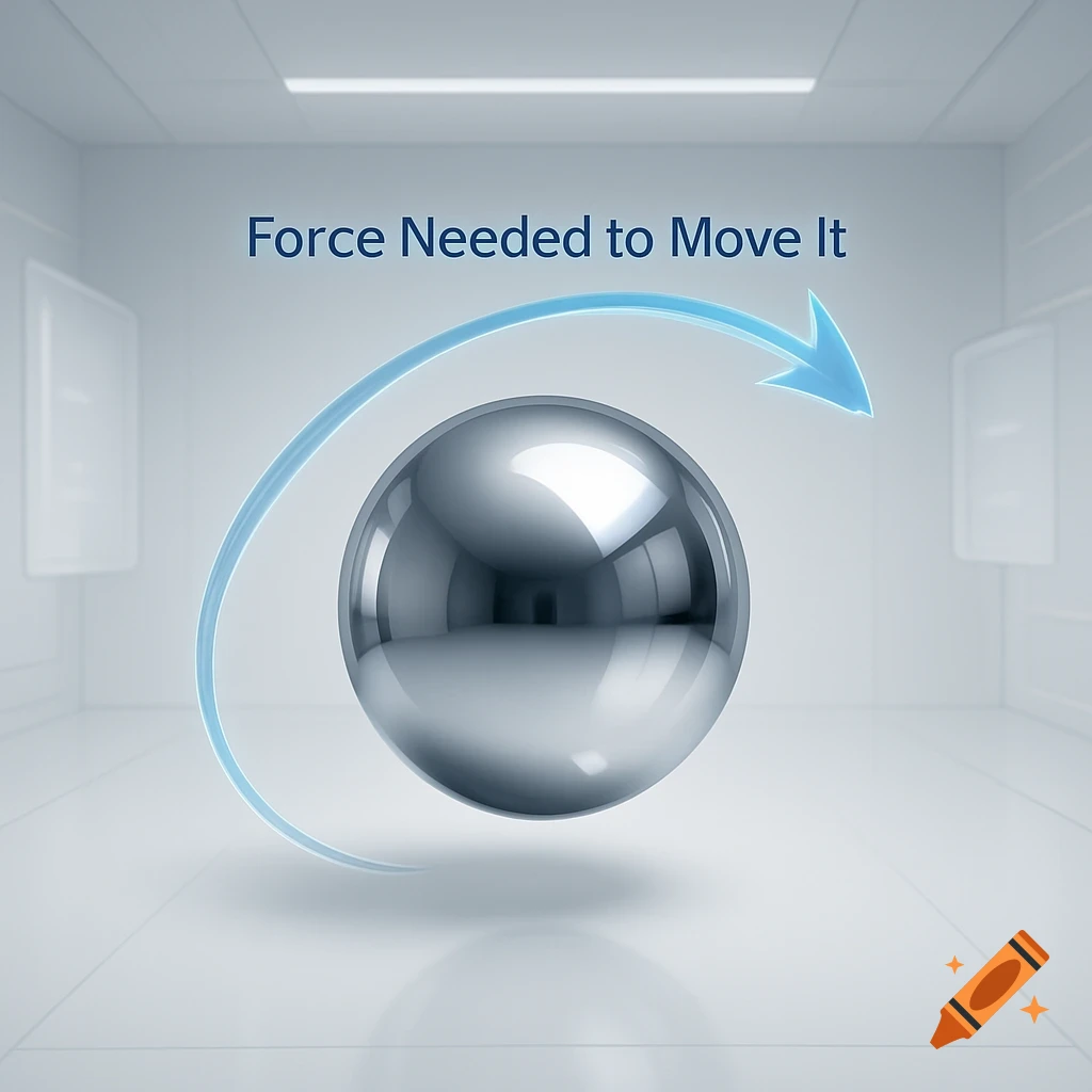 Shiny metallic sphere floating in a white room, with a blue arrow and text 'Force Needed to Move It' above.
