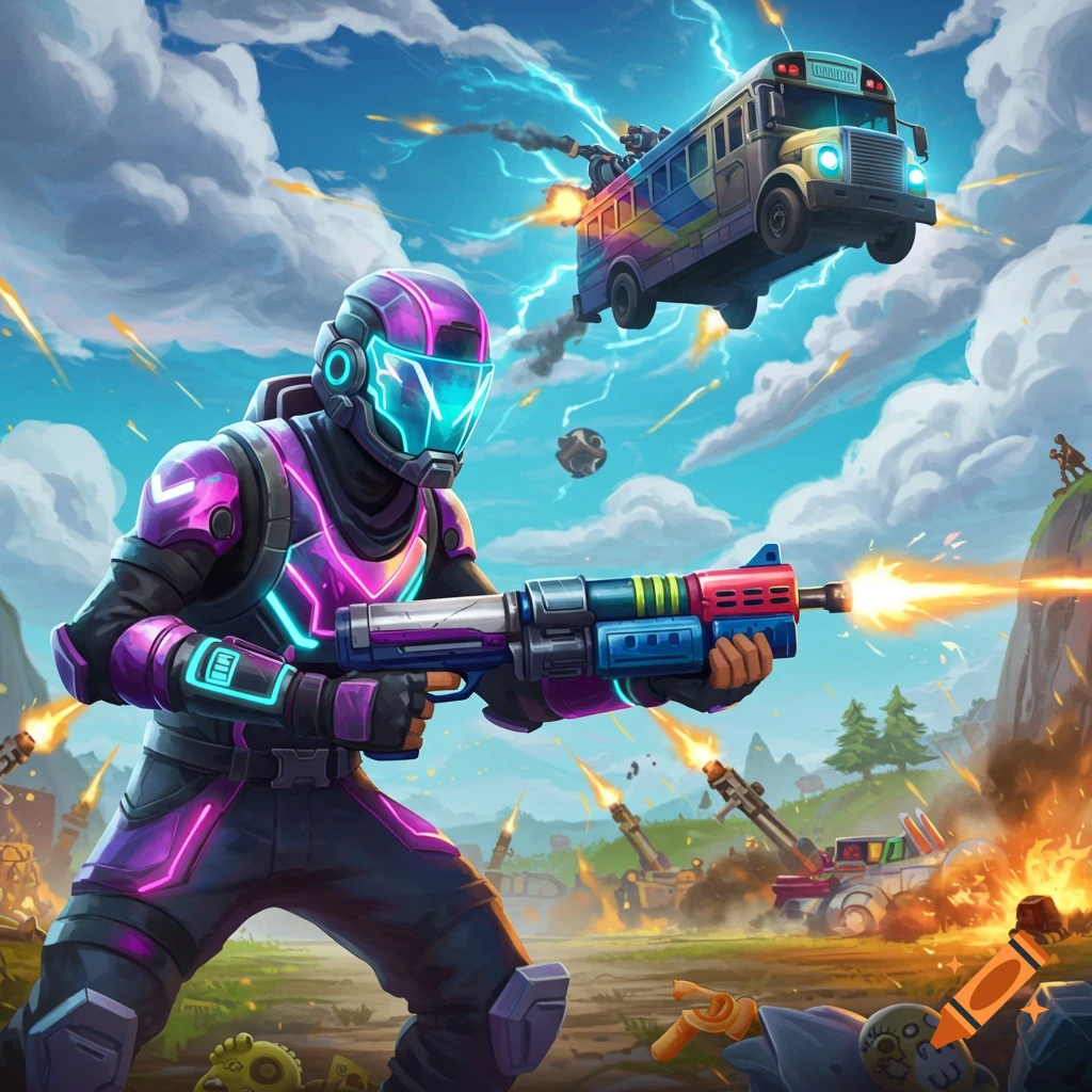 A futuristic soldier in a neon purple suit fires a weapon in a chaotic battle scene with a flying battle bus overhead, in a vibrant video game style.