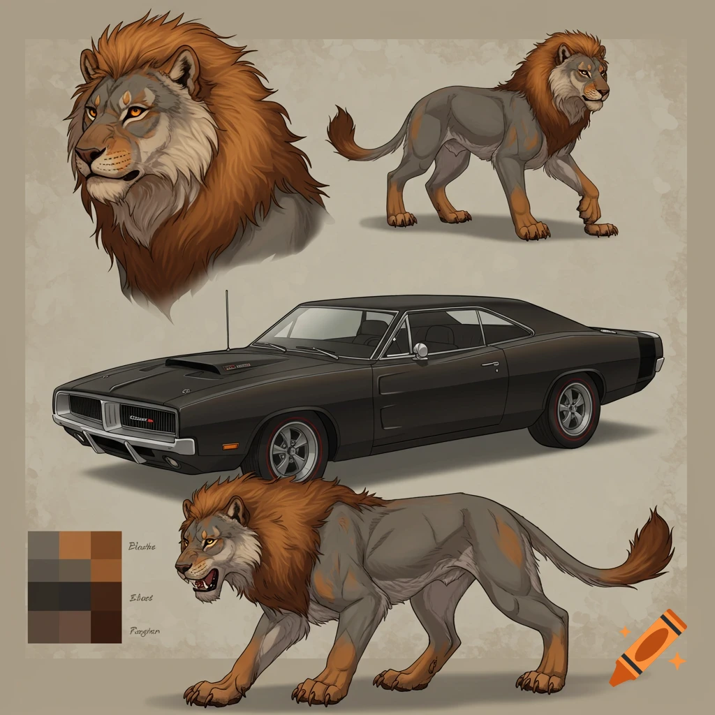 An illustration of a lion-wolf hybrid in different poses and a black Dodge Charger, with color swatches and labels.