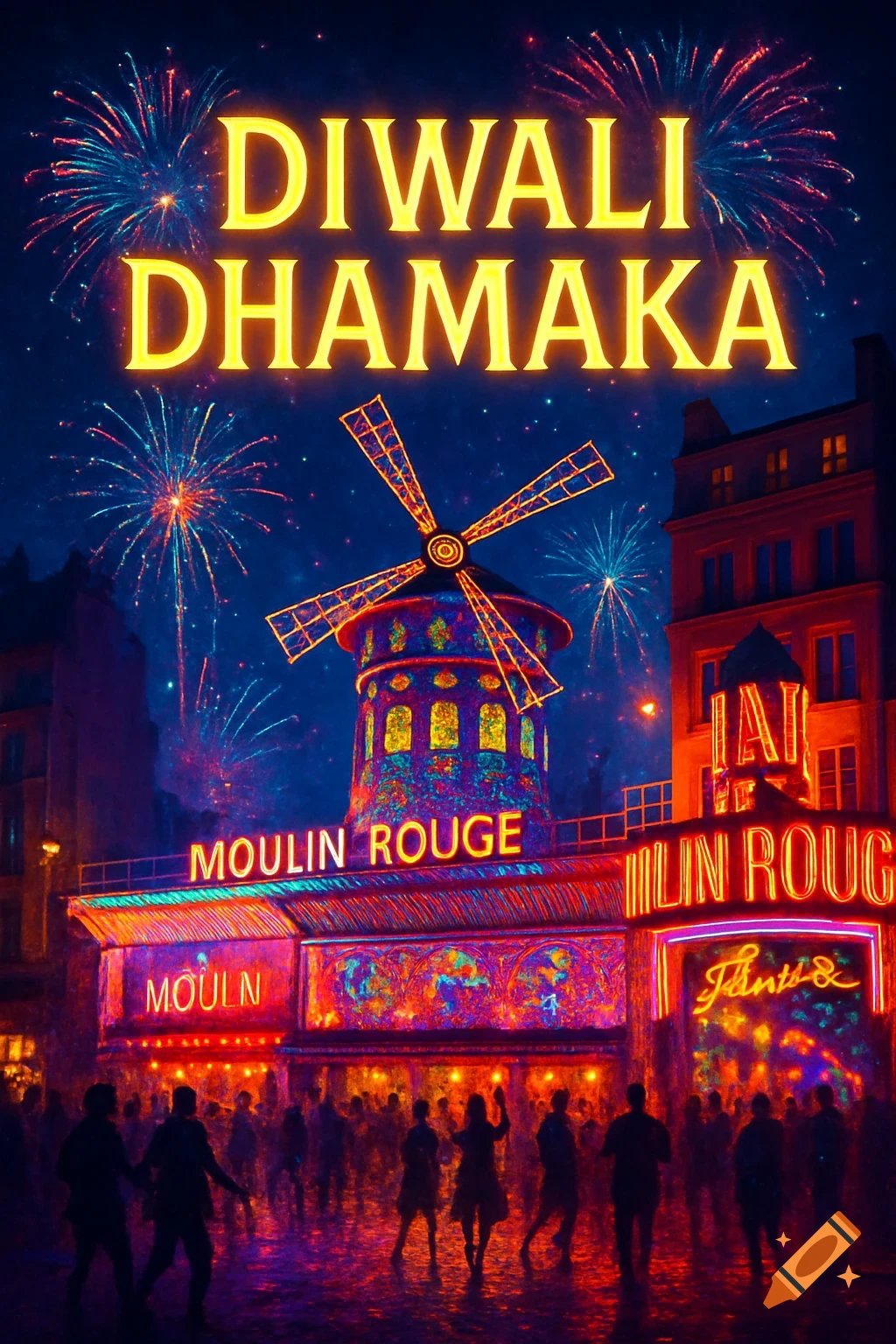 A vibrant night scene outside the Moulin Rouge in Paris with fireworks in the sky. "DIWALI DHAMAKA" is written in large golden letters at the top.