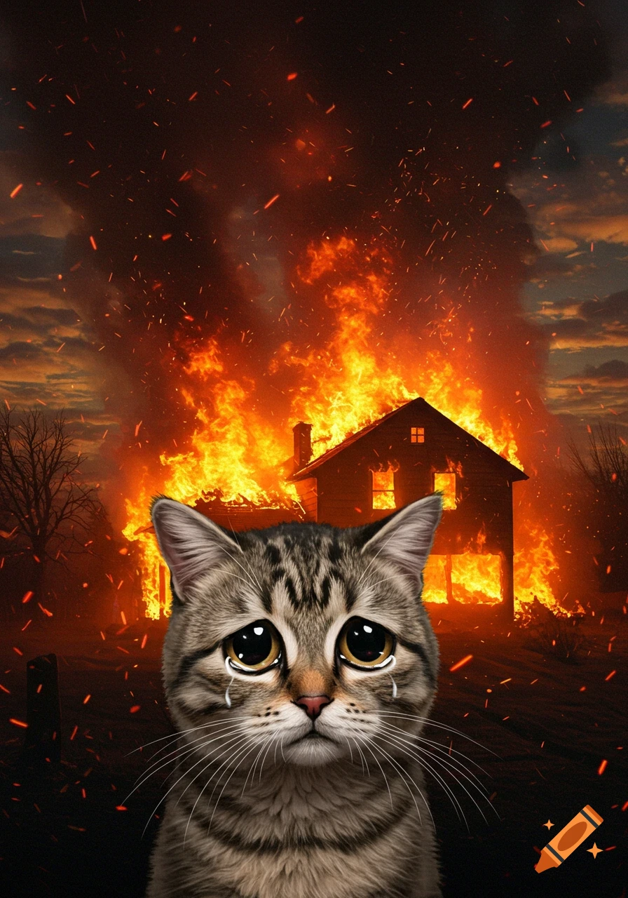 A sad tabby cat with large, teary eyes sits in the foreground as a house burns fiercely in the background, meme style.