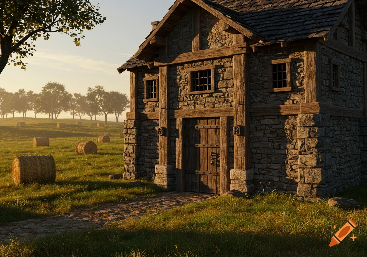 A rustic stone and timber house stands in a grassy field with hay bales under a warm, hazy sky.