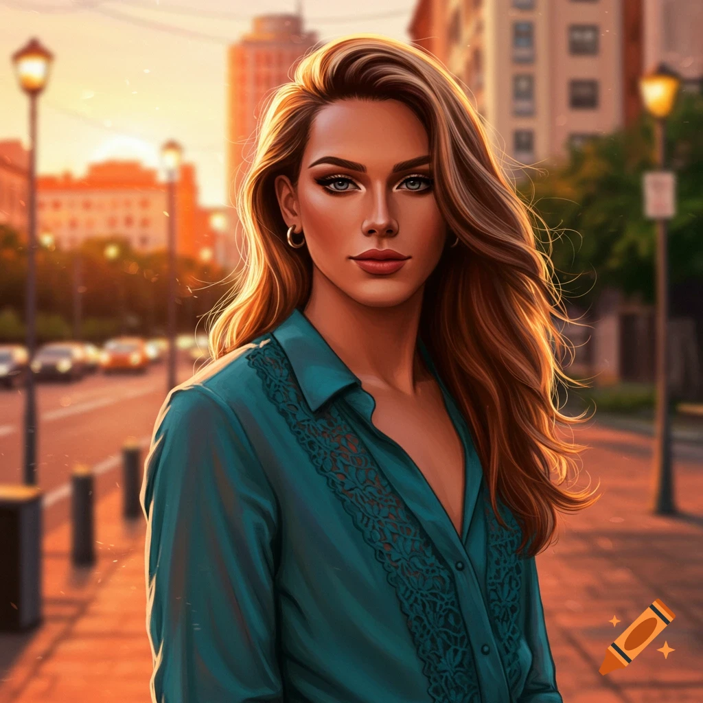 A woman with long wavy brown hair and a teal collared shirt stands on a city street at sunset.