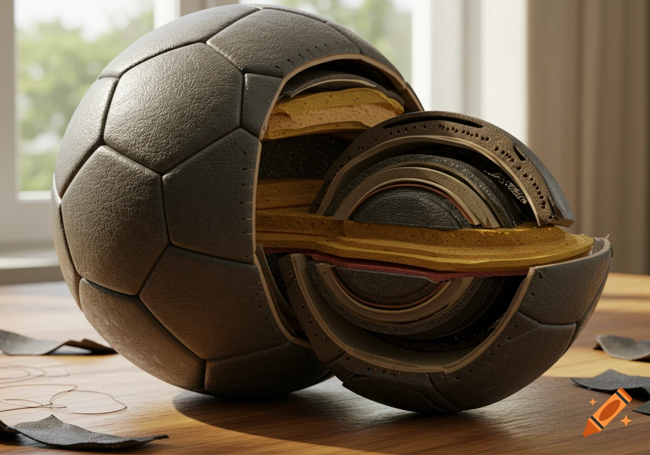 Photorealistic rendering of a grey soccer ball cut in half on a wooden table, revealing its internal layers.