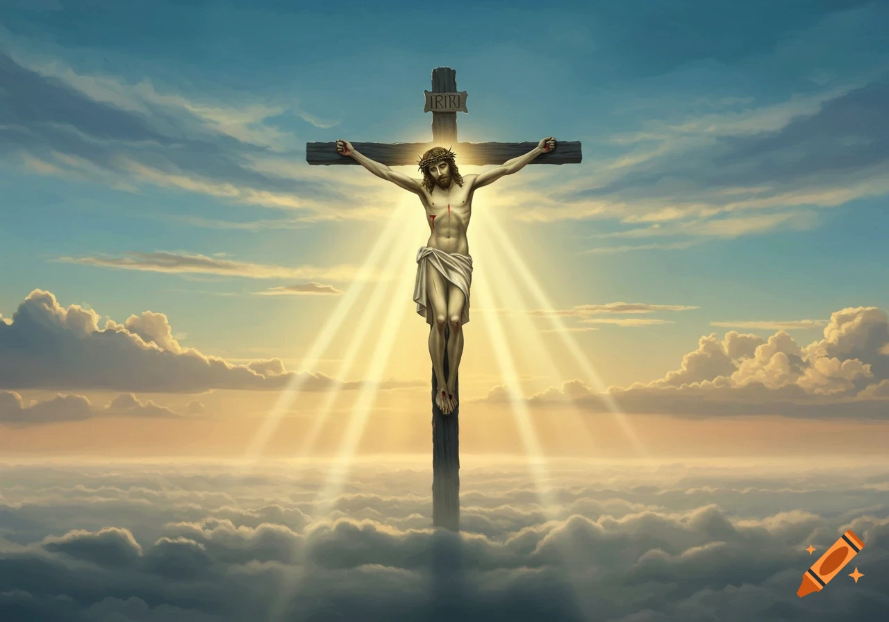 Jesus on the cross, illuminated by bright divine light rays against a blue sky with clouds, looking up in a stylized artwork.