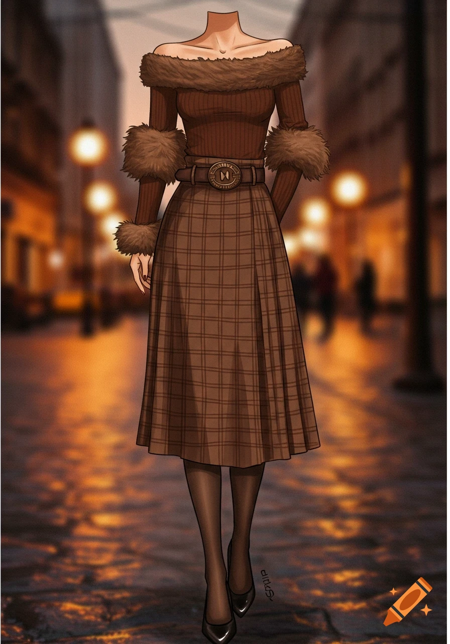 Illustration of a headless figure in an off-the-shoulder brown fur-trimmed top, brown plaid skirt, belted waist, and black heels, on a blurred city street.