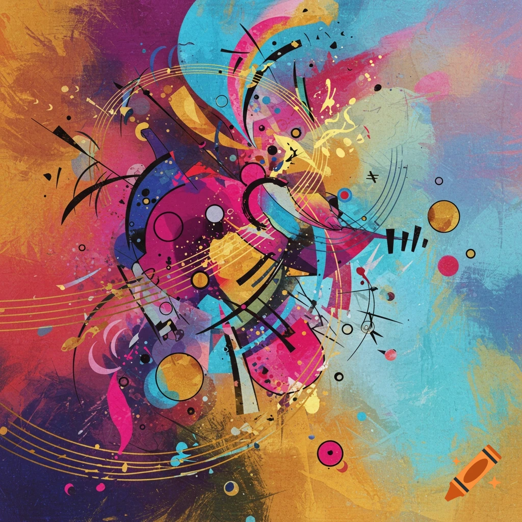 A vibrant, abstract, Kandinsky-inspired composition featuring swirling lines, colorful geometric shapes, and musical notation.