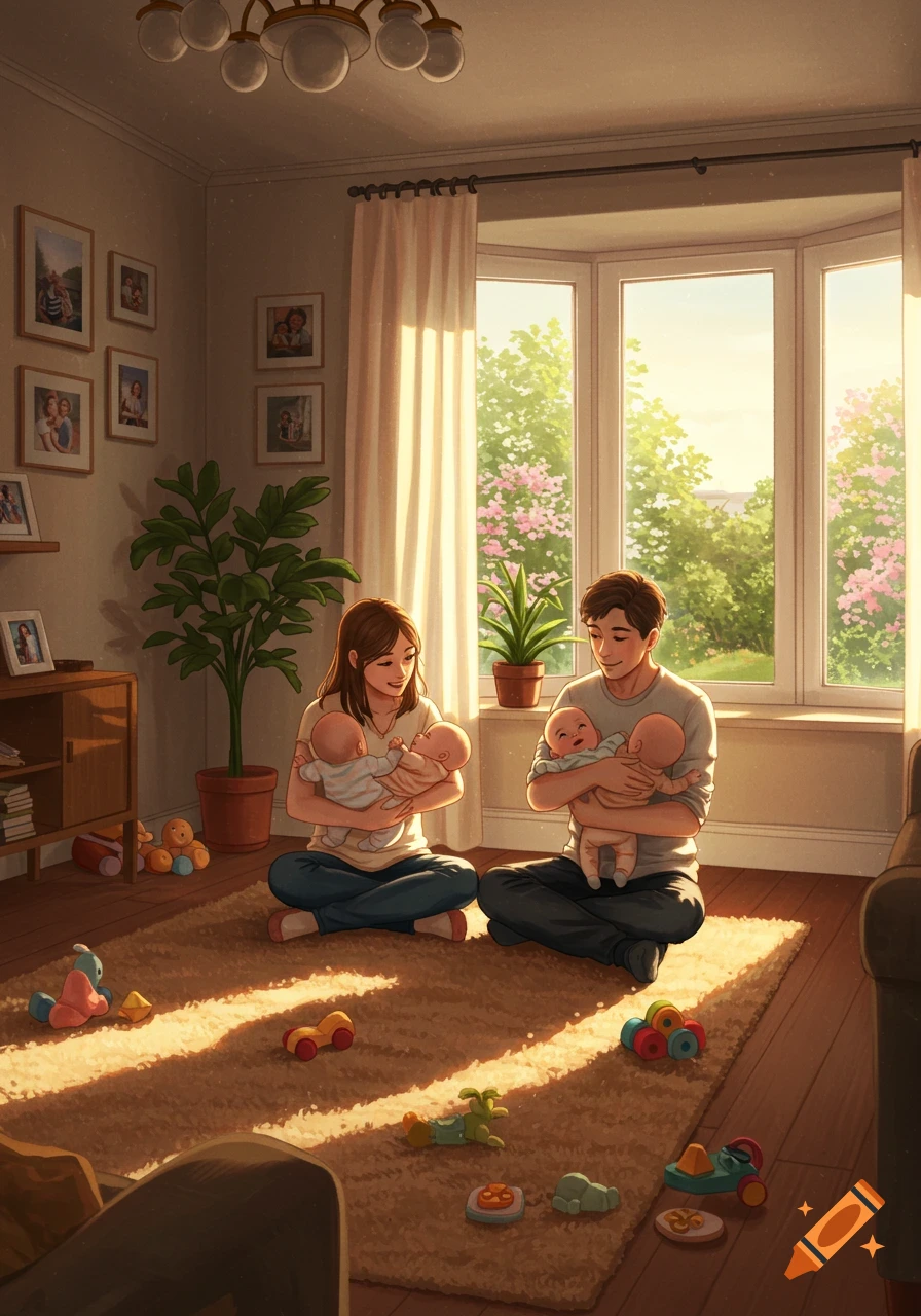 An illustration of a couple sitting on a rug in a sunlit room, each holding twin babies. Toys are scattered on the rug.