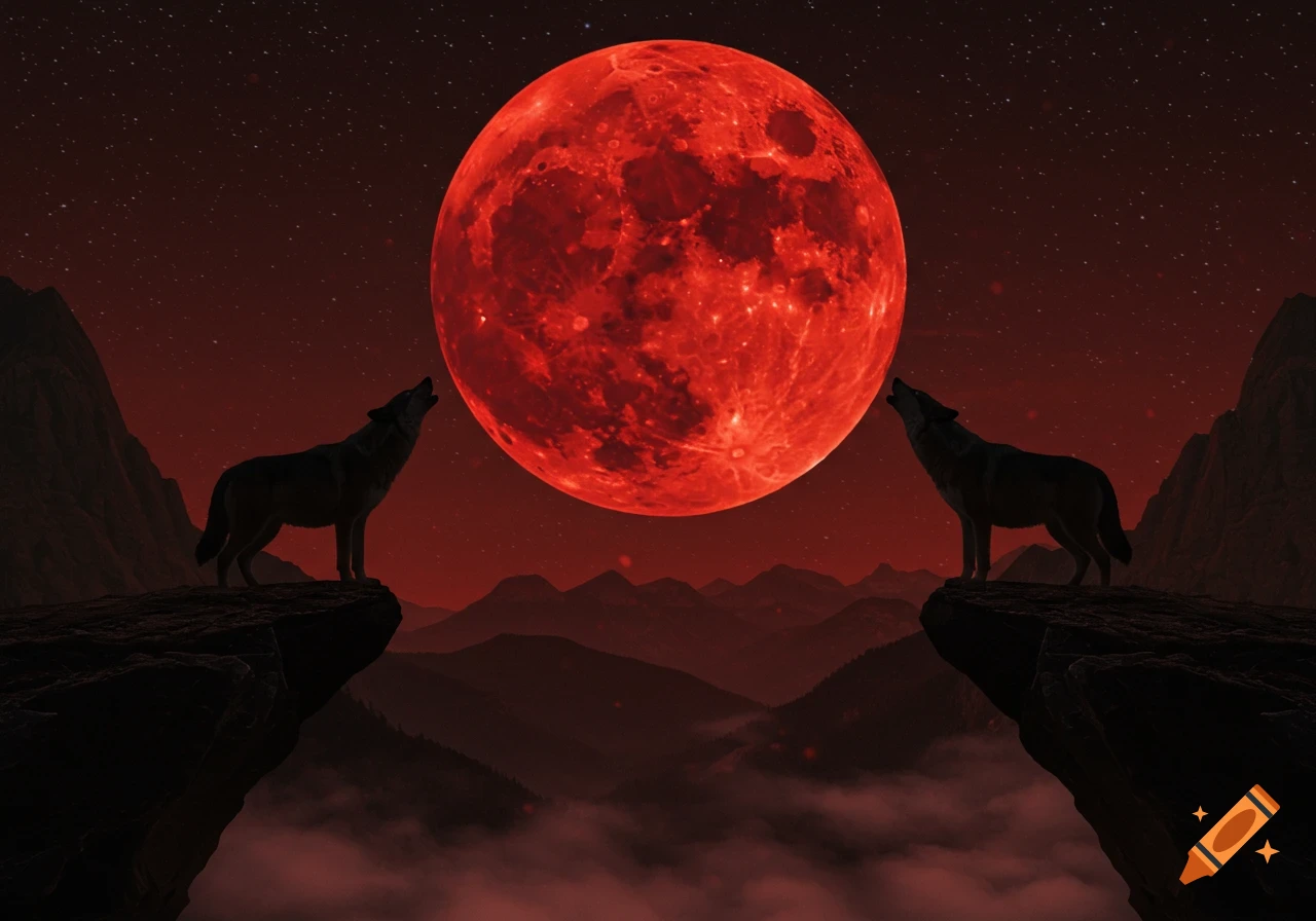 Two wolf silhouettes howl at a large, red blood moon over dark mountain peaks and misty valleys.
