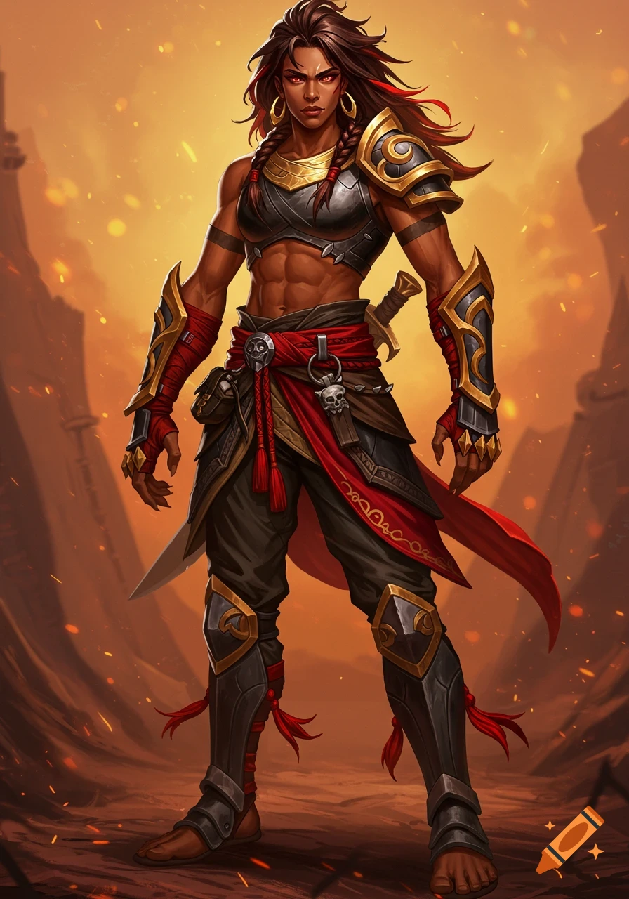 Muscular female warrior with dark skin, red eyes, and dark hair with red streaks, wearing gold and black tribal armor in a fiery desert.