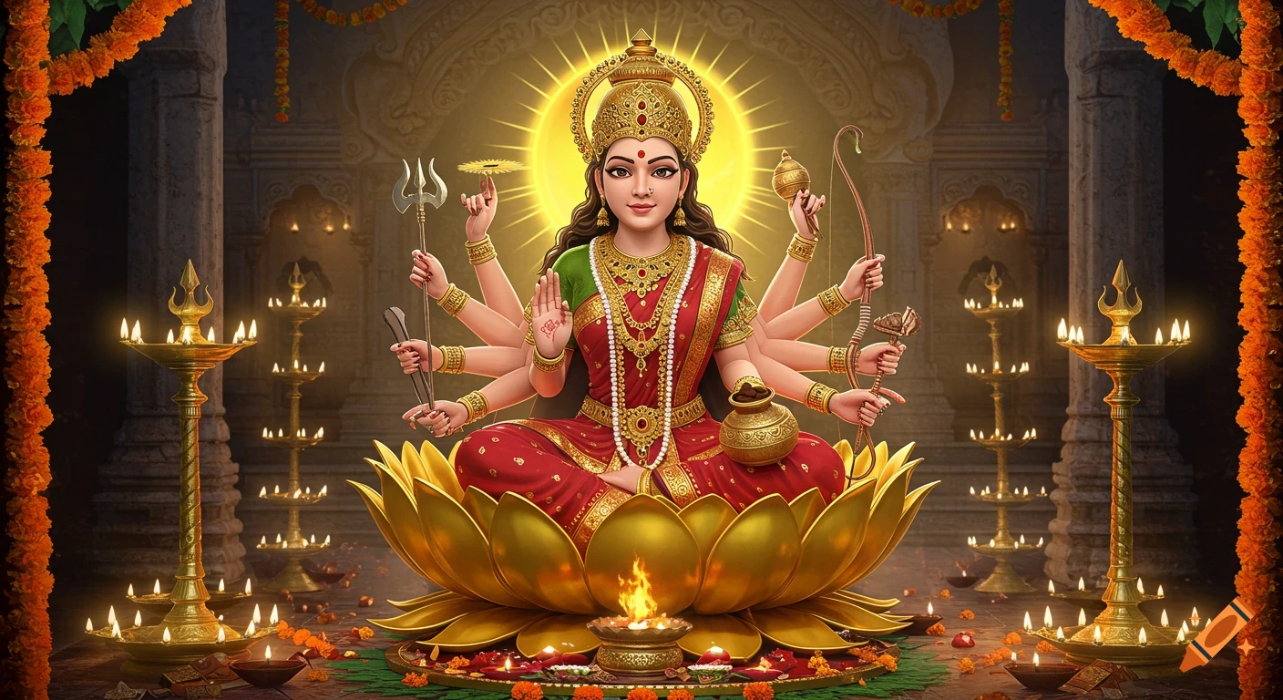 3D anime style Goddess Kushmanda with eight arms on a golden lotus in a temple with diyas and garlands.