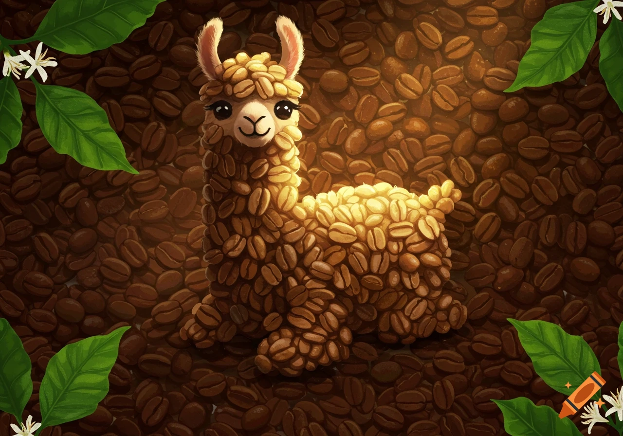 A cute, happy llama made of coffee beans, nestled amongst more beans, with coffee plant leaves and flowers.