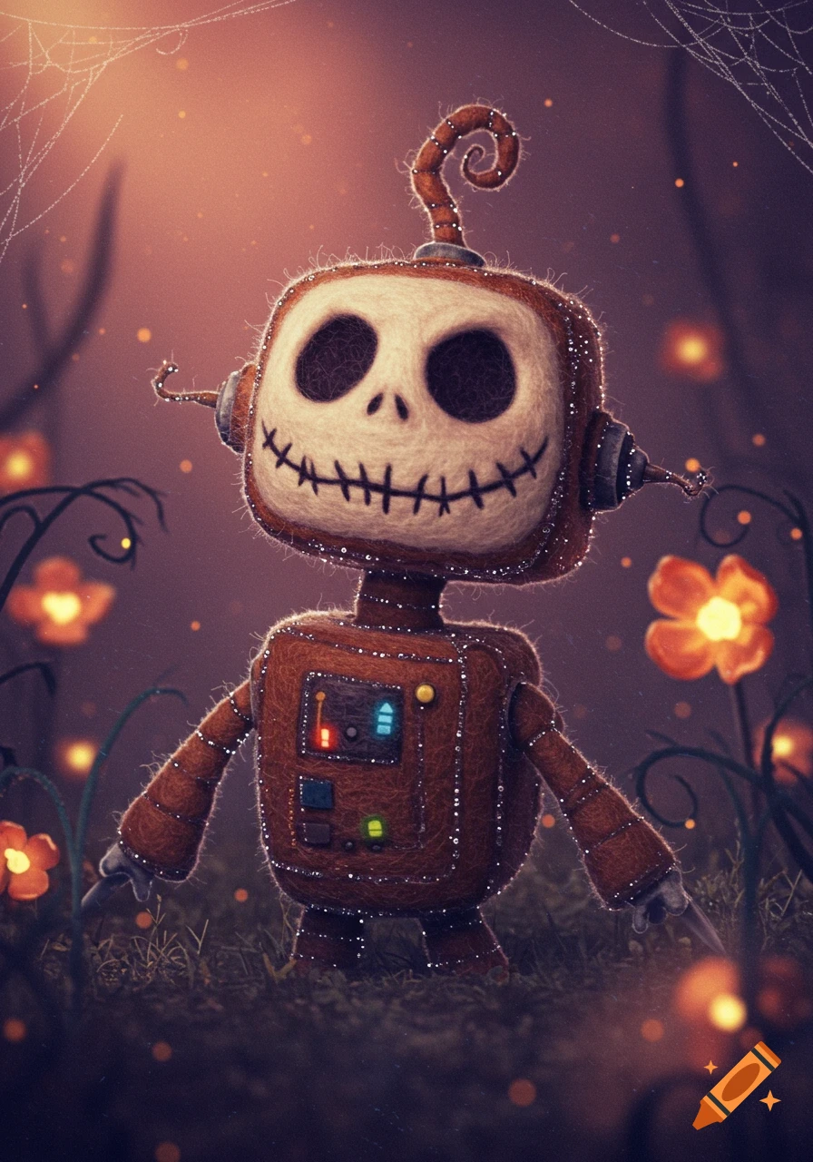 Whimsical needle-felted robot with Jack Skellington face in an enchanting, spooky forest with glowing flowers and spiderwebs.