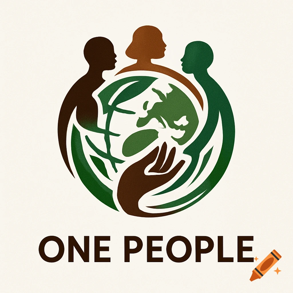 A logo depicting diverse human silhouettes and a hand embracing the Earth within a circular design of leaves, with 'ONE PEOPLE' below.