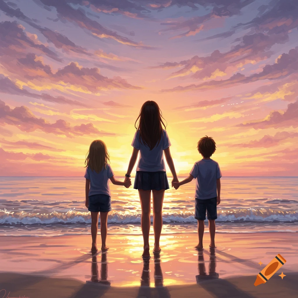 An anime illustration of a woman and two children holding hands on a beach, silhouetted against a vivid sunset.