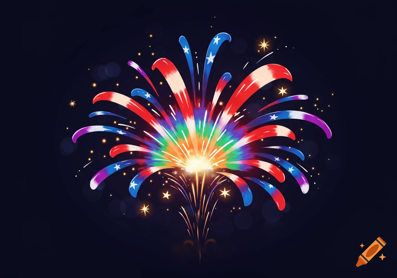 A vibrant cartoon firework bursts, featuring red, white, blue stripes with white stars, mixed with rainbow tie-dye colors against a dark background.