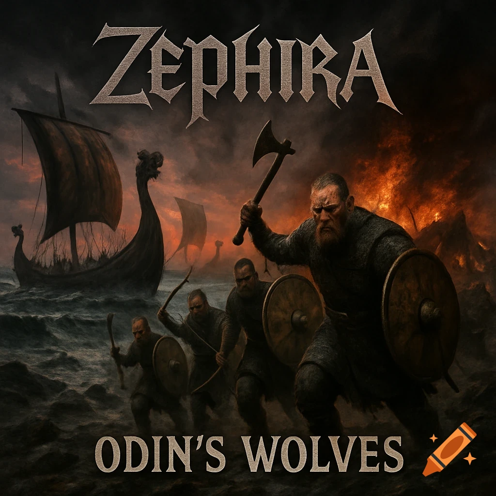 Grim Viking warriors and longships on a stormy coast with burning huts. Text 'ZEPHIRA' and 'ODIN'S WOLVES'.