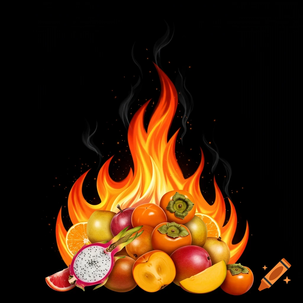 A vibrant illustration of various fruits forming the shape of a burning fire with flames and smoke, set against a black background.