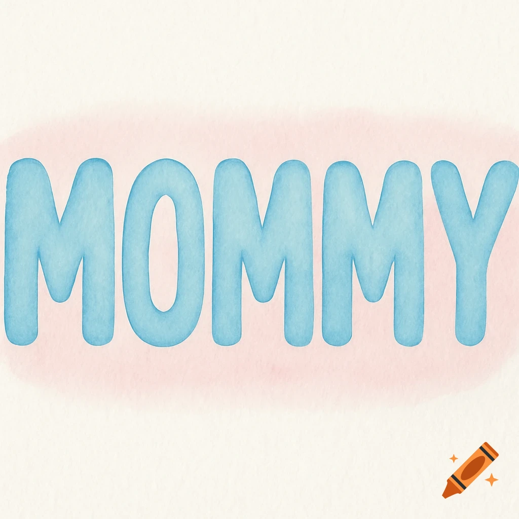 The word MOMMY rendered in soft blue watercolor letters with a pink halo on textured paper.
