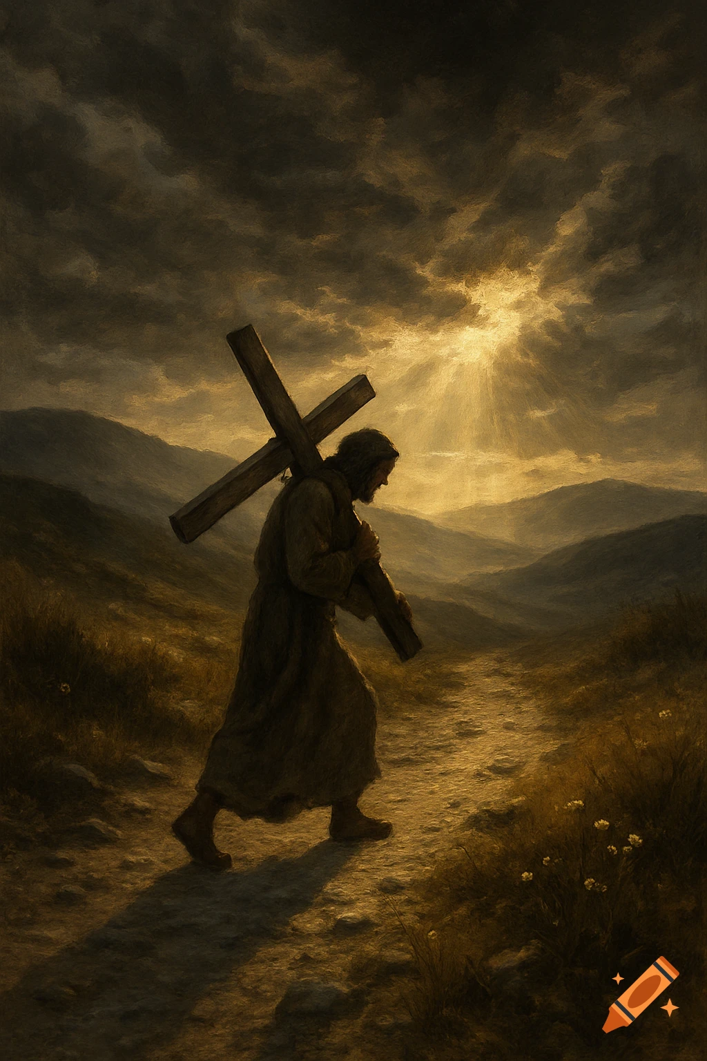 Painterly image of a cloaked figure carrying a wooden cross on a dusty path under a dramatic, sunlit sky.