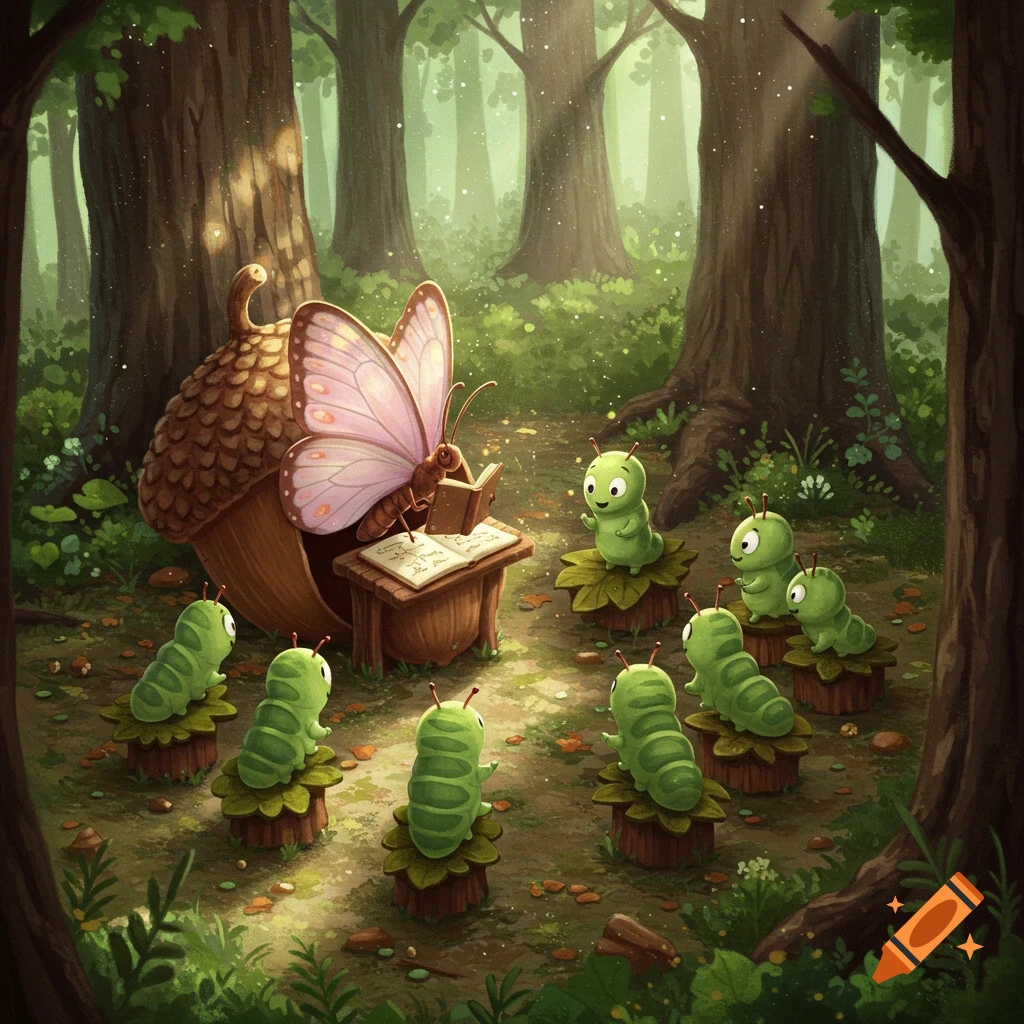 A whimsical illustration of a butterfly reading a book at an acorn desk to a group of green caterpillars in a magical forest.
