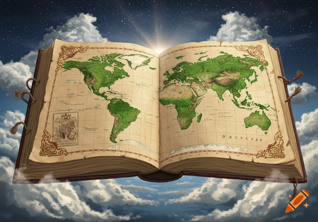An open, old-fashioned world map book floats among clouds in a starry sky, with continents made of green landmasses.