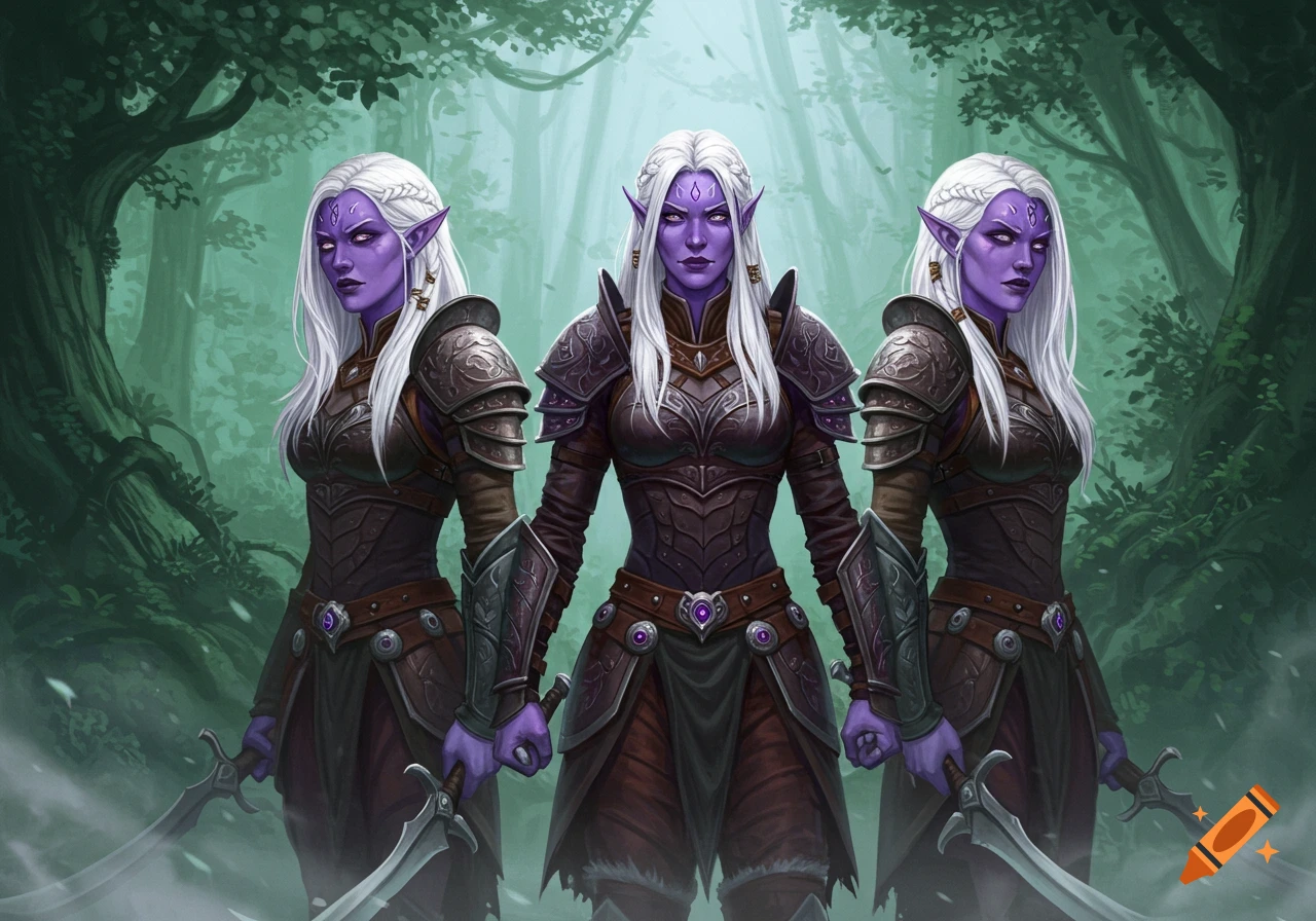 Three identical female drow warriors with purple skin and white hair, in armor and holding swords, stand in a misty fantasy forest. Digital painting.