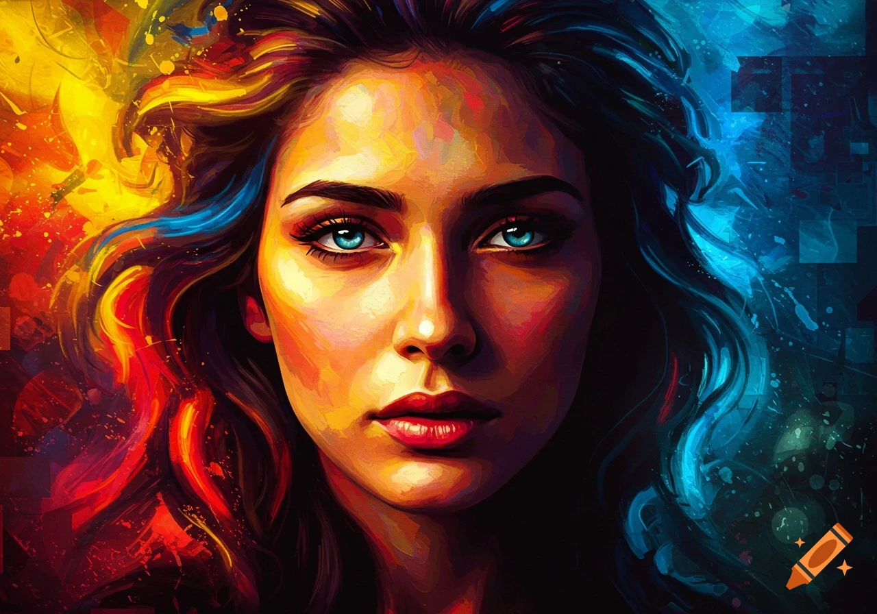 Vibrant abstract art portrait of a woman with bright blue eyes and hair merging into warm and cool colors.