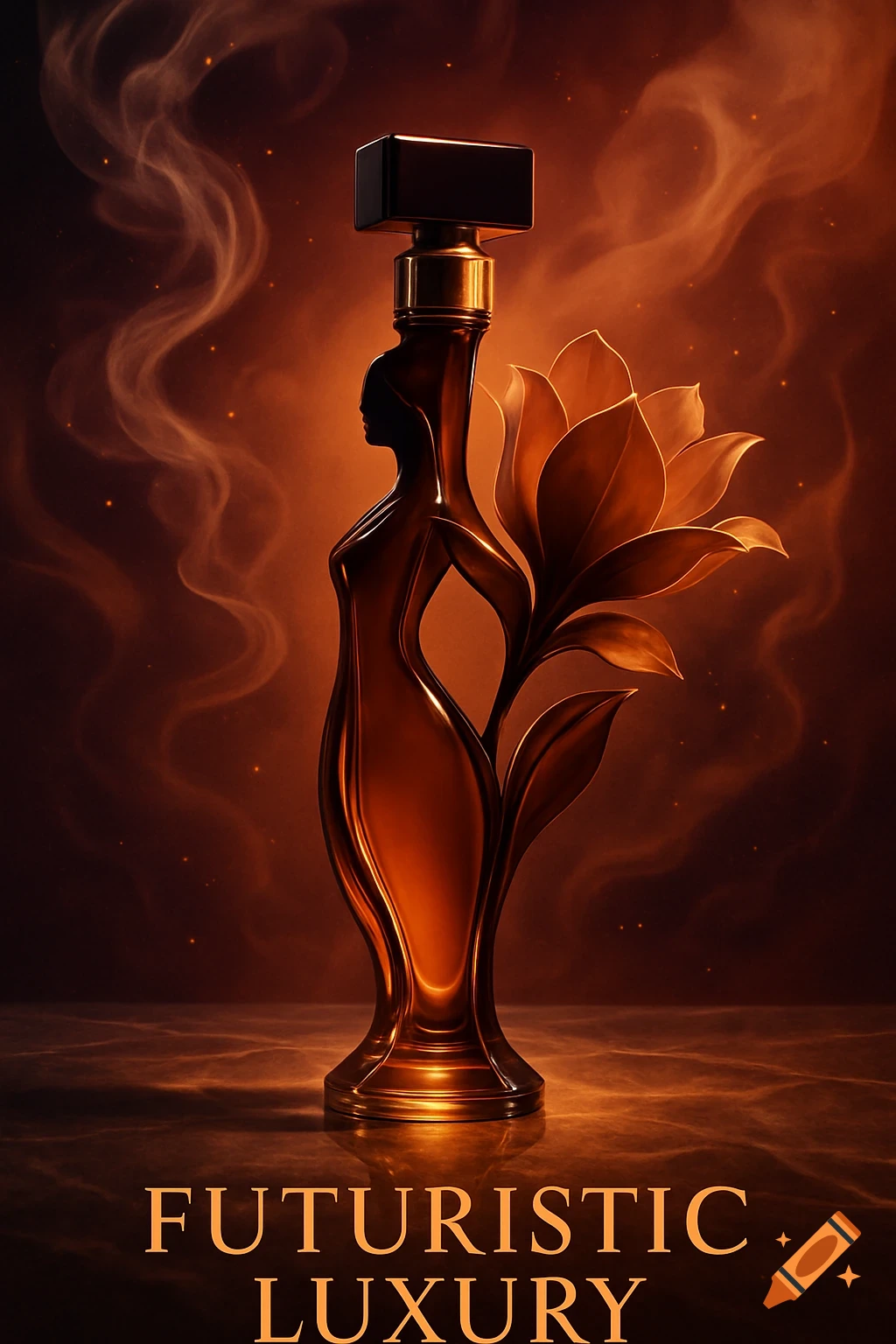 A futuristic bronze perfume bottle shaped like a woman and a flower, with a smoky orange background and "FUTURISTIC LUXURY" text.