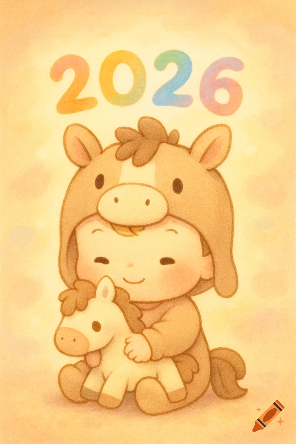 Cute pastel illustration of a baby in a horse costume holding a pony toy, with '2026' above.