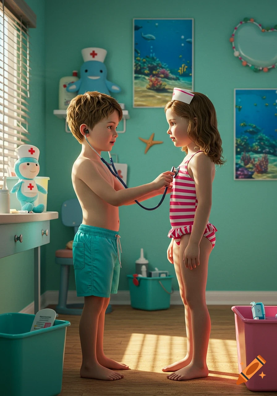 A young boy in swim trunks uses a stethoscope to listen to a young girl in a swimsuit, playing doctor in a brightly lit room.