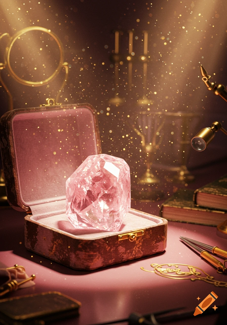 A large, faceted pink crystal sits in an open velvet-lined wooden box, surrounded by sparkling golden dust and antique golden instruments on a deep pink surface.
