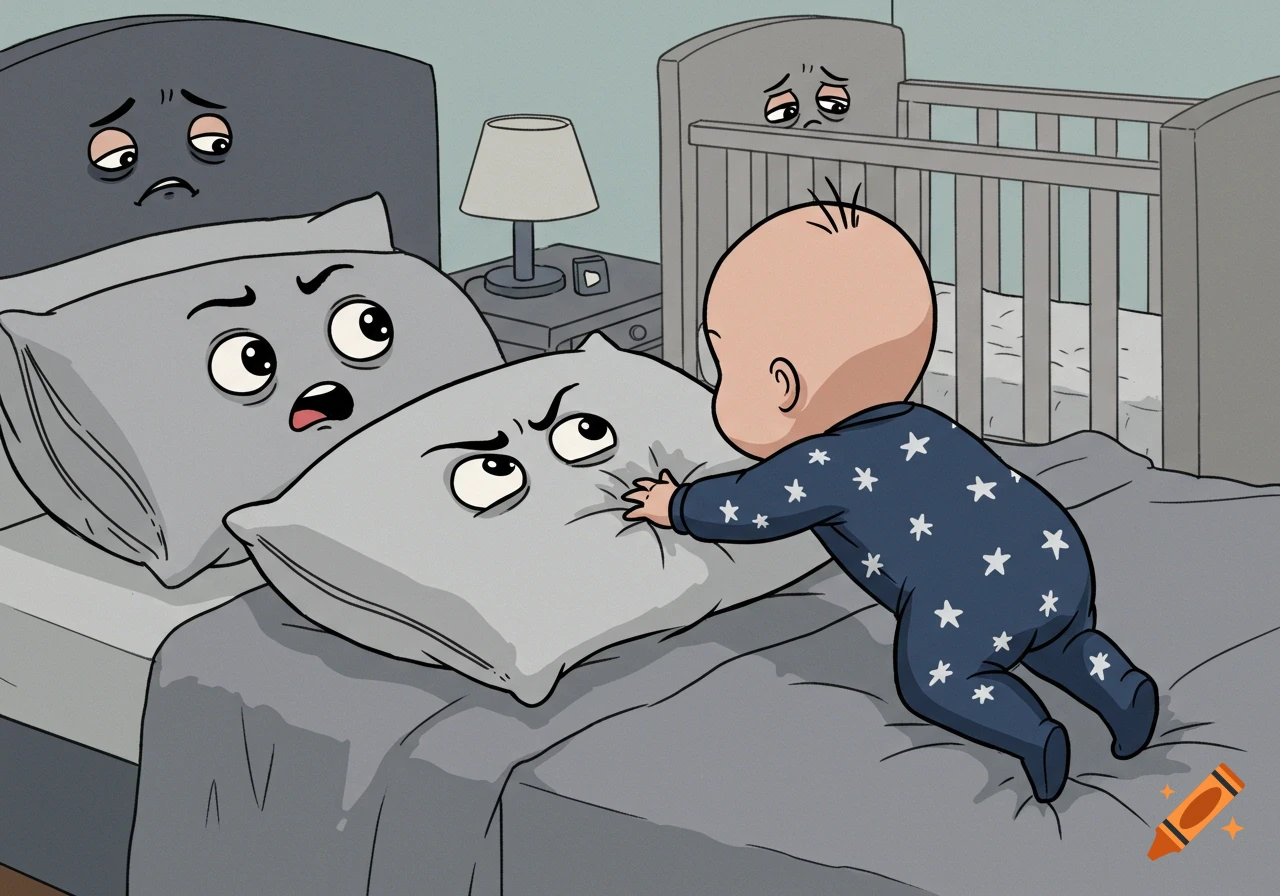 Cartoon baby in a star onesie playfully attacks a scared animated pillow on a bed, with sad pillows and a crib in the background.