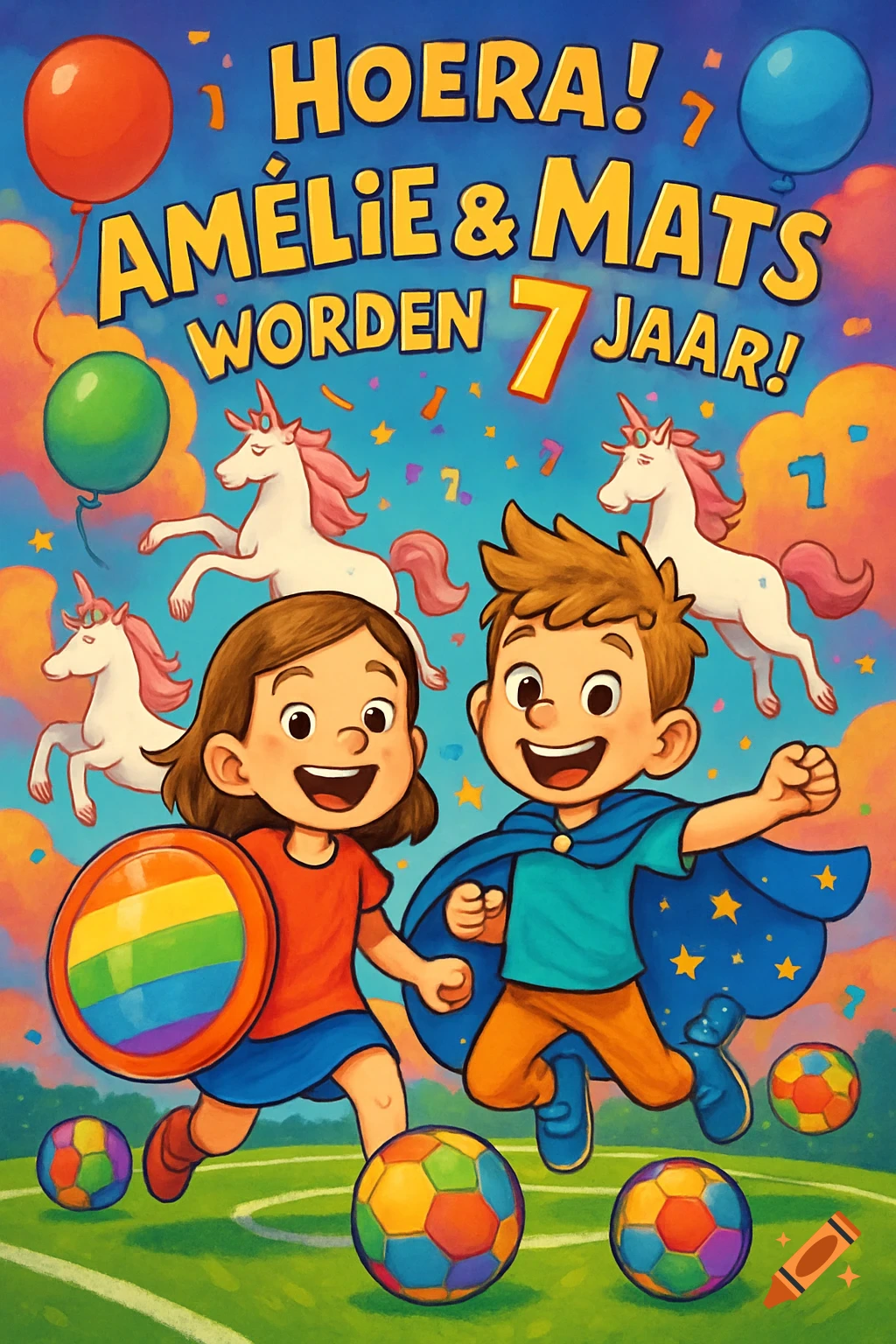 Cartoon birthday invitation with two cheerful kids, unicorns, balloons, soccer balls, and text: 'Hoera! Amélie & Mats worden 7 jaar!'