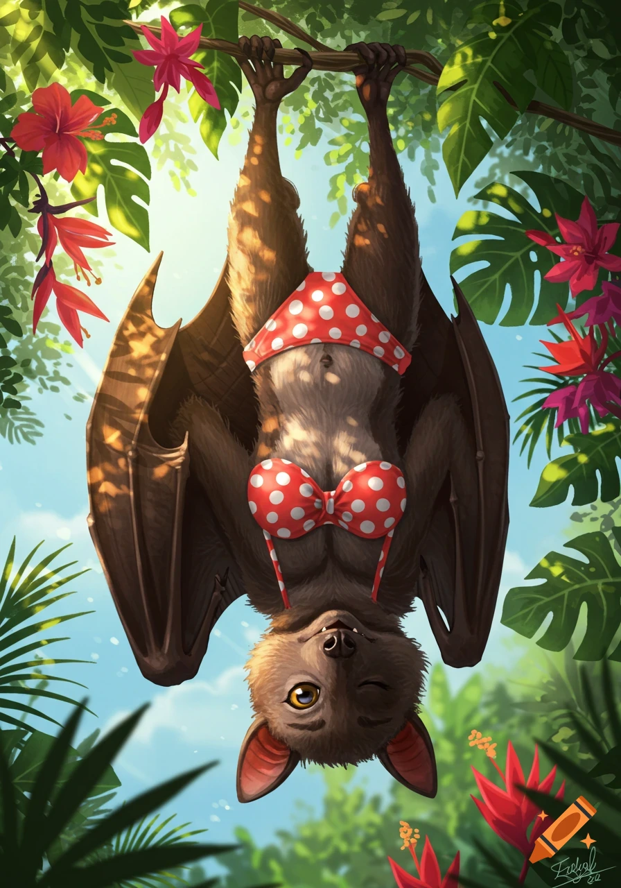 A cute cartoon bat hangs upside down from a branch, wearing a red polka dot bikini. It winks, surrounded by tropical foliage and colorful flowers.