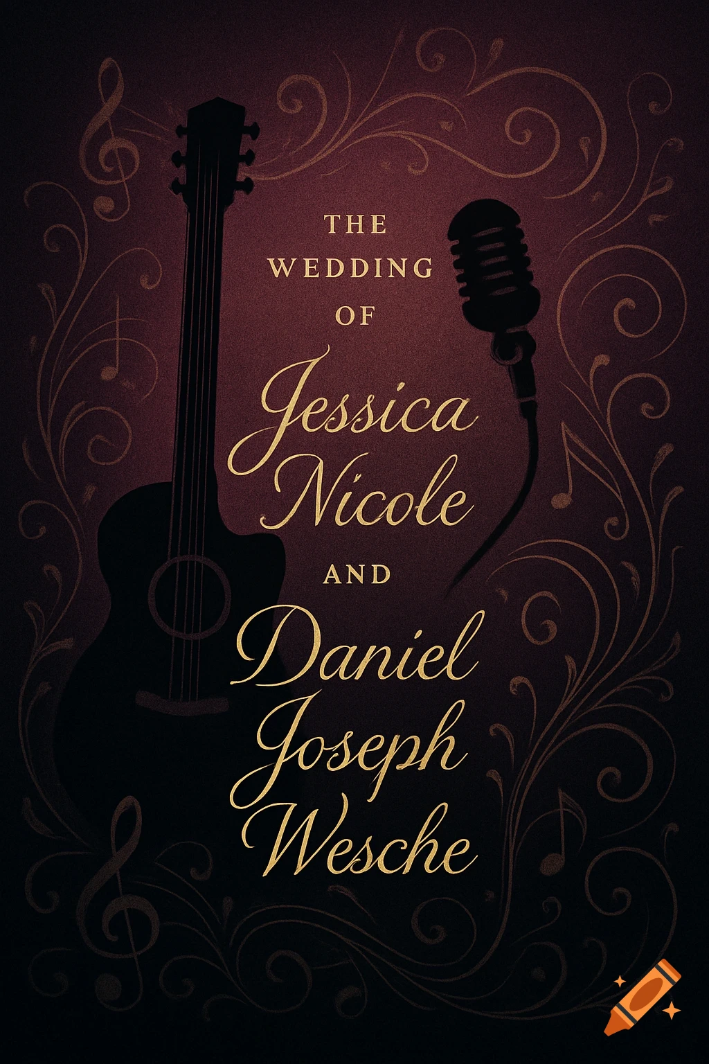 Elegant wedding invitation with golden text for Jessica Nicole and Daniel Joseph Wesche, featuring guitar, microphone, and musical motifs.
