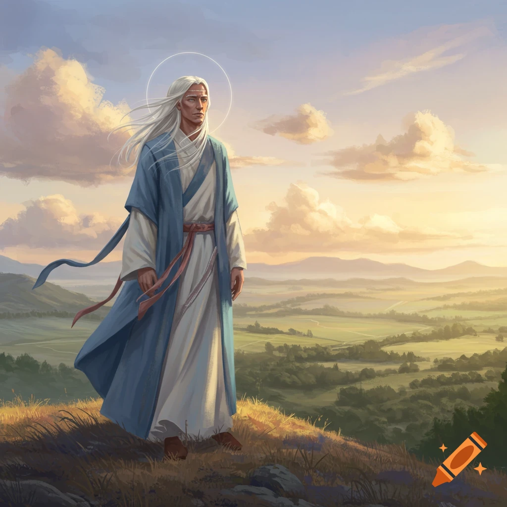 Digital painting of a person with long white hair and a halo in robes, standing on a hill overlooking a green valley at sunrise.