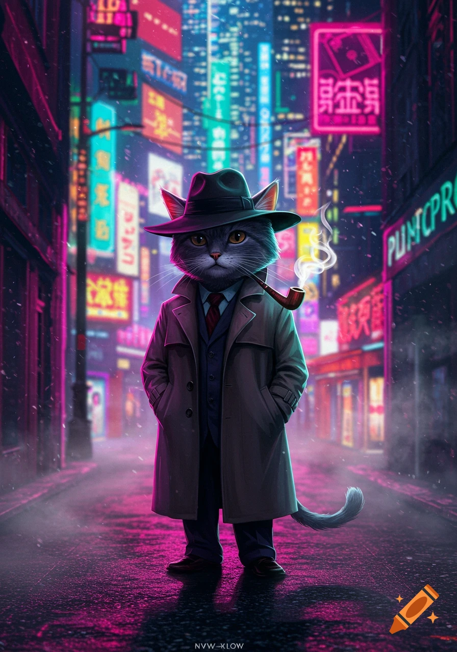 A stylized gray cat detective wearing a fedora, trench coat, and smoking a pipe stands in a vibrant neon-lit cyberpunk city street.