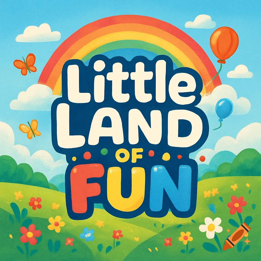 Cartoon logo 'Little LAND OF FUN' in a cheerful landscape with a rainbow, balloons, butterflies, and flowers.