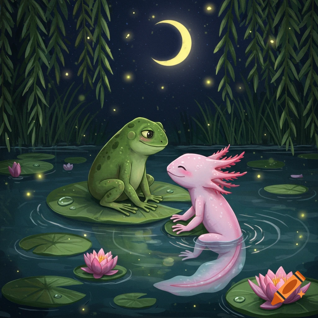 Charming illustration of a green frog on a lily pad and a pink axolotl in water, gazing at each other in a moonlit pond with fireflies.