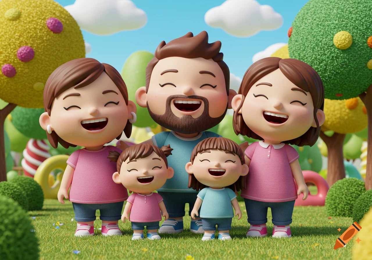 Happy family of five, two adults and three children, laughing in a colorful cartoon 3D outdoor scene.