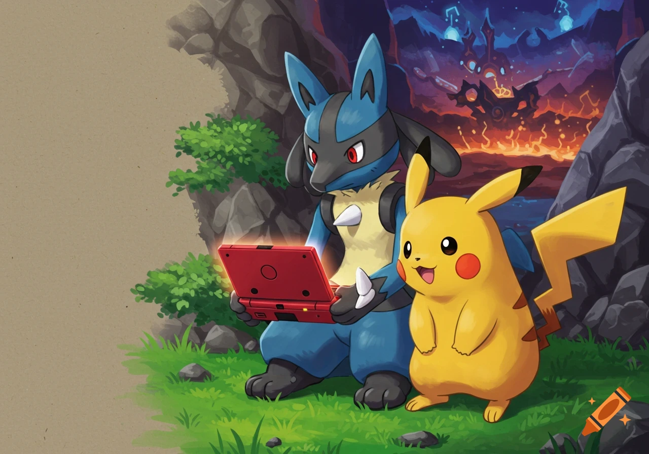 Lucario holds a red Nintendo DS Lite while Pikachu watches in a grassy landscape with a mystical background, in Pokémon art style.